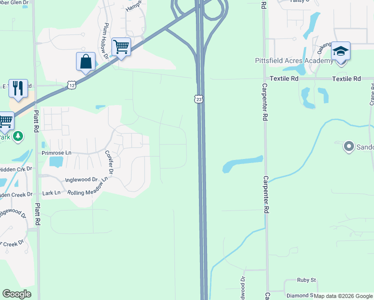 map of restaurants, bars, coffee shops, grocery stores, and more near 3488 Primrose Lane in Ypsilanti