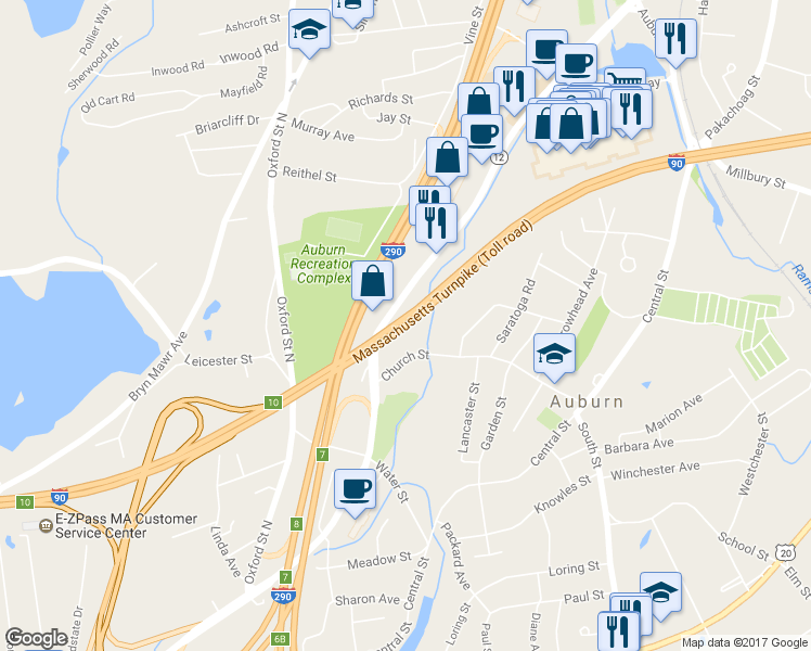 map of restaurants, bars, coffee shops, grocery stores, and more near Massachusetts Turnpike in Auburn