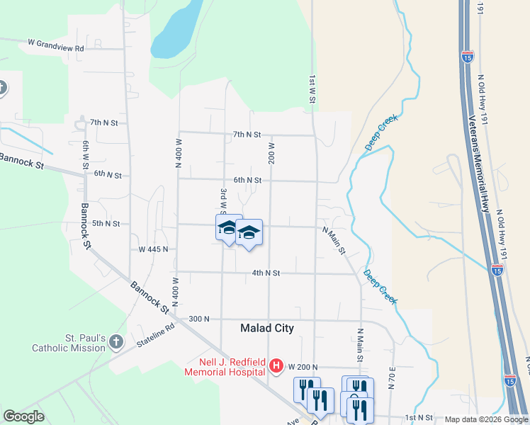 map of restaurants, bars, coffee shops, grocery stores, and more near 525 200 West in Malad City