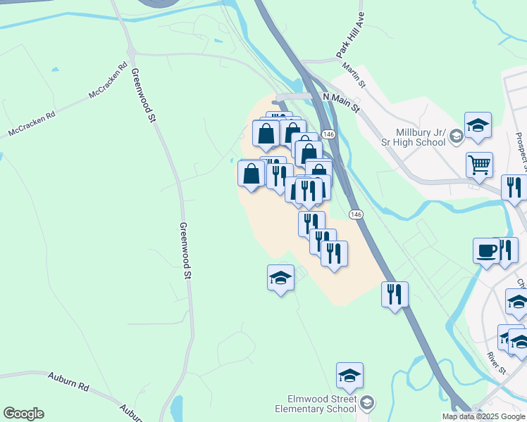 map of restaurants, bars, coffee shops, grocery stores, and more near 70 Worcester-Providence Turnpike in Millbury