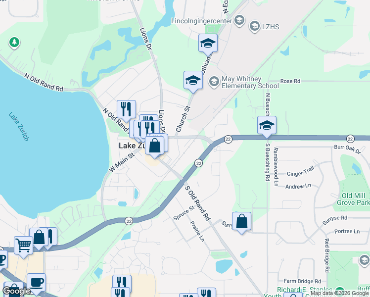 map of restaurants, bars, coffee shops, grocery stores, and more near 101 East Main Street in Lake Zurich