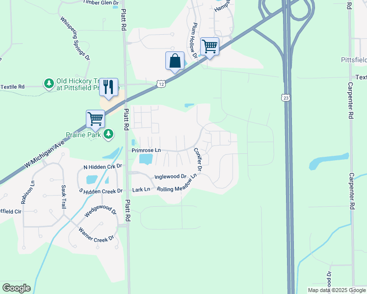 map of restaurants, bars, coffee shops, grocery stores, and more near 6325 Conifer Drive in Ypsilanti