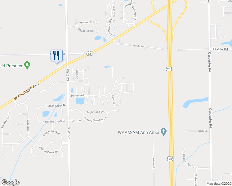 map of restaurants, bars, coffee shops, grocery stores, and more near 3330 Primrose Lane in Ypsilanti