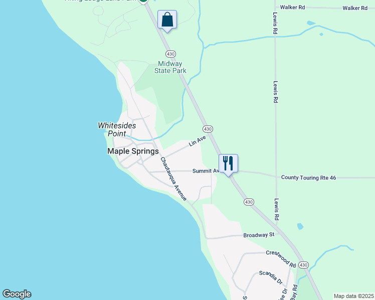 map of restaurants, bars, coffee shops, grocery stores, and more near 5549 Lin Avenue in Bemus Point