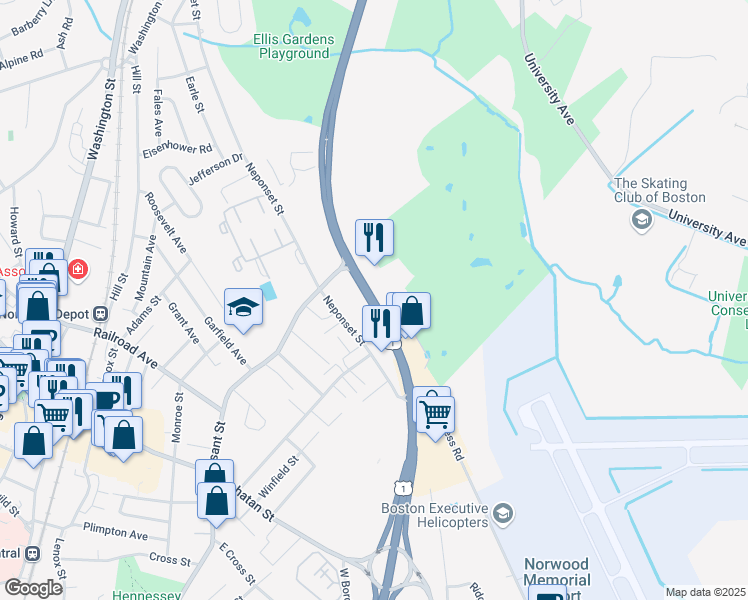 map of restaurants, bars, coffee shops, grocery stores, and more near 434 Providence Highway in Norwood
