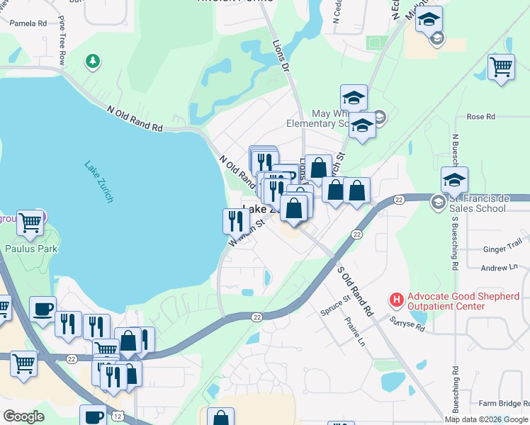map of restaurants, bars, coffee shops, grocery stores, and more near 40 West Main Street in Lake Zurich