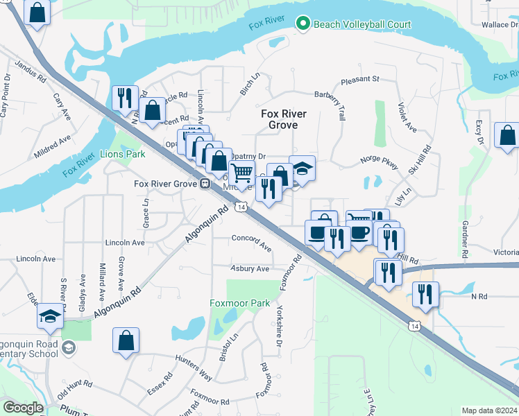 map of restaurants, bars, coffee shops, grocery stores, and more near 502 Northwest Highway in Fox River Grove