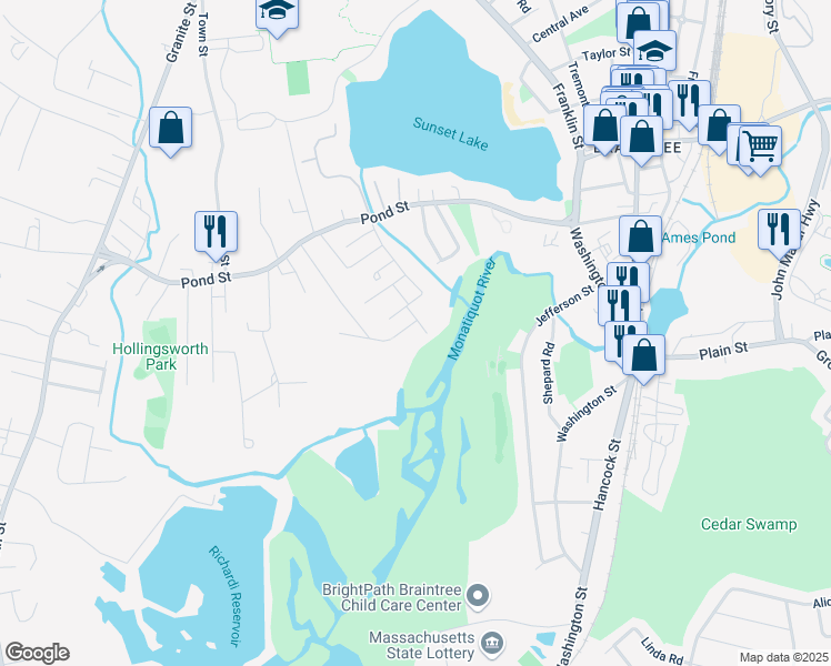 map of restaurants, bars, coffee shops, grocery stores, and more near 45 Hoover Avenue in Braintree