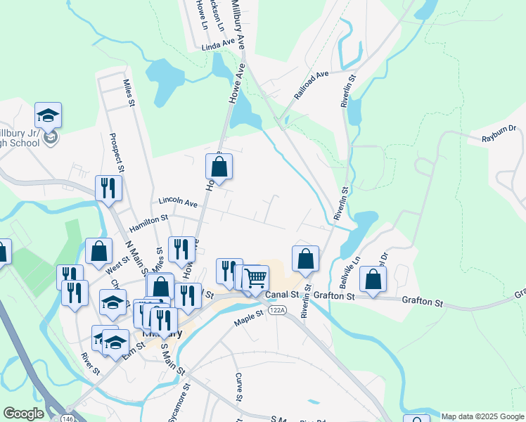 map of restaurants, bars, coffee shops, grocery stores, and more near 31 Lincoln Avenue Extension in Millbury