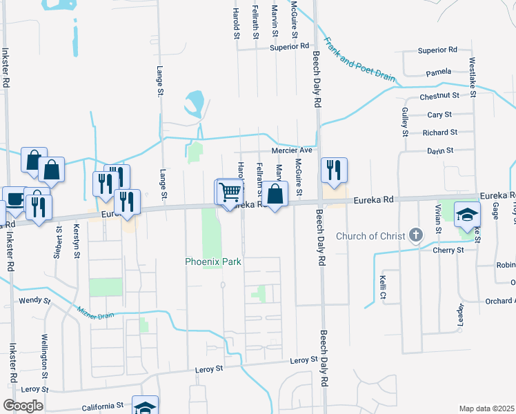 map of restaurants, bars, coffee shops, grocery stores, and more near 26101 Eureka Road in Taylor