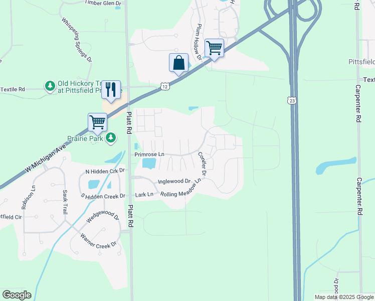 map of restaurants, bars, coffee shops, grocery stores, and more near 3256 Primrose Lane in Ypsilanti