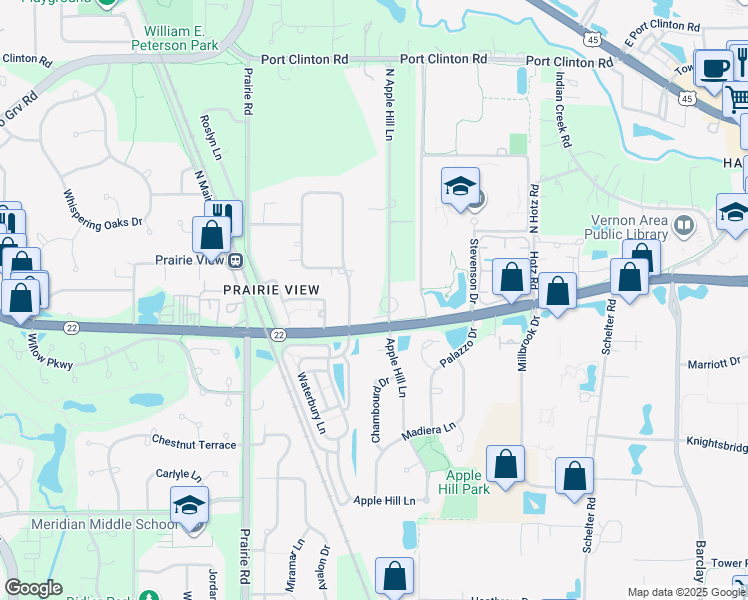 map of restaurants, bars, coffee shops, grocery stores, and more near 22960 North Apple Hill Lane in Lincolnshire