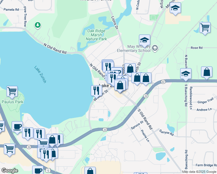 map of restaurants, bars, coffee shops, grocery stores, and more near in Lake Zurich