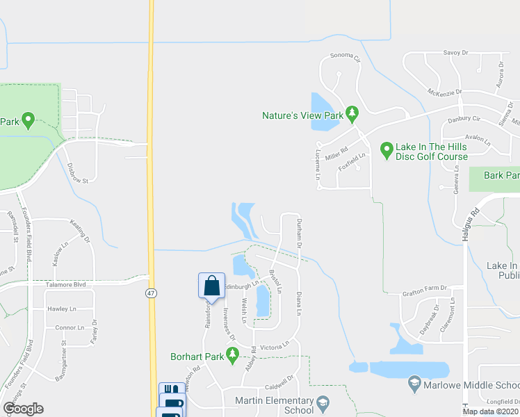 map of restaurants, bars, coffee shops, grocery stores, and more near 9144 Buckingham Court in Huntley