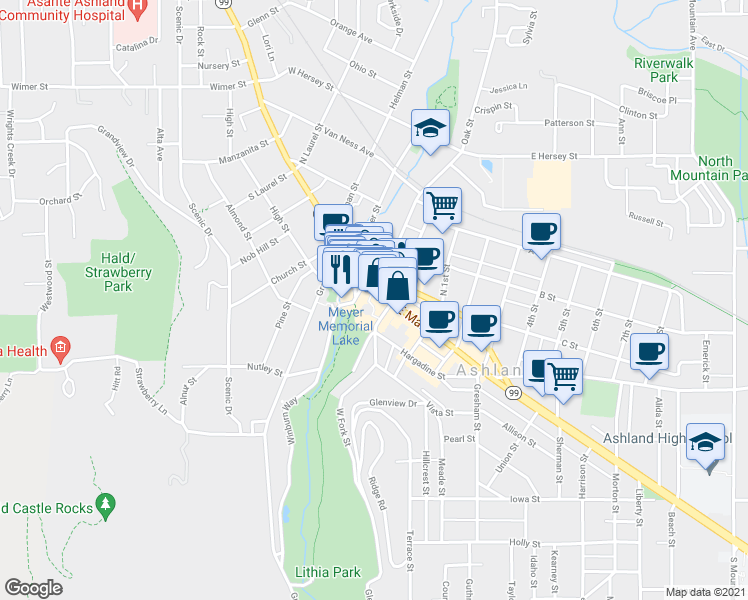 map of restaurants, bars, coffee shops, grocery stores, and more near 50 East Main Street in Ashland