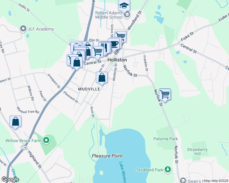 map of restaurants, bars, coffee shops, grocery stores, and more near 98 Winthrop Street in Holliston