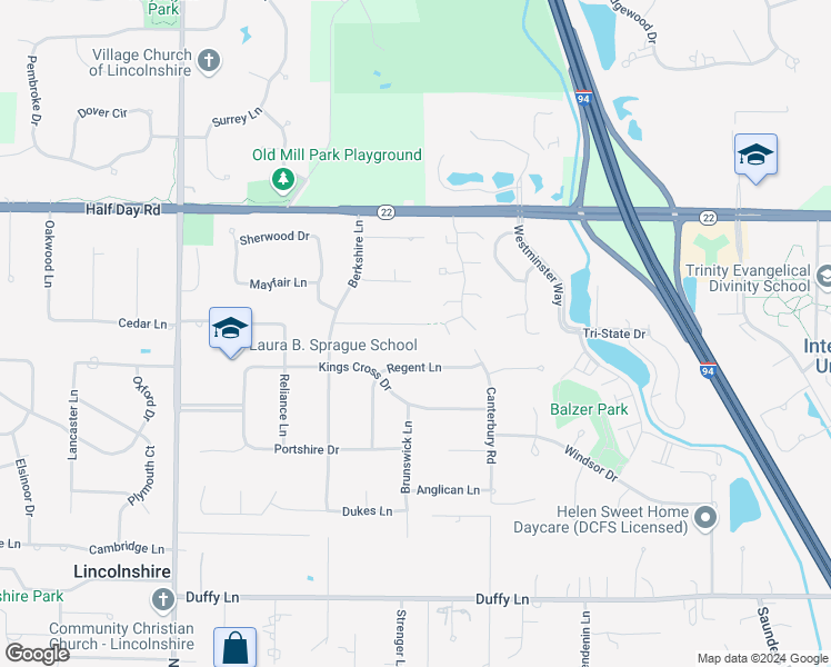 map of restaurants, bars, coffee shops, grocery stores, and more near 17 Nottingham Drive in Lincolnshire