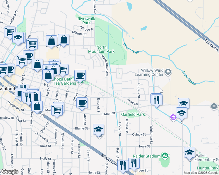 map of restaurants, bars, coffee shops, grocery stores, and more near 192 N Mountain Ave in Ashland