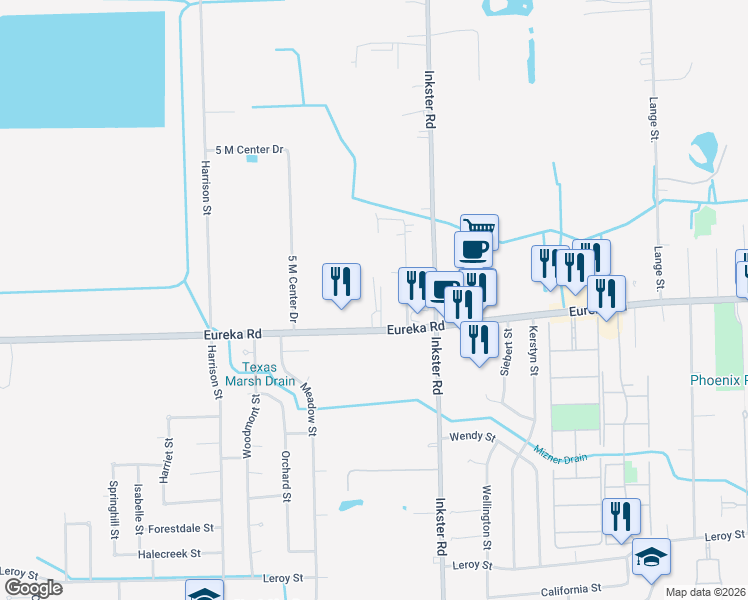 map of restaurants, bars, coffee shops, grocery stores, and more near 27630 Eureka Road in Romulus