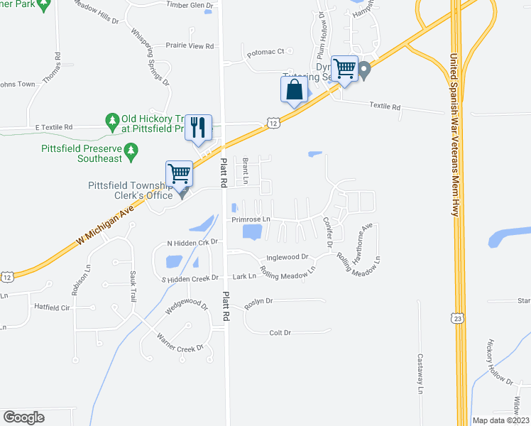 map of restaurants, bars, coffee shops, grocery stores, and more near 3143 Primrose Lane in Ypsilanti