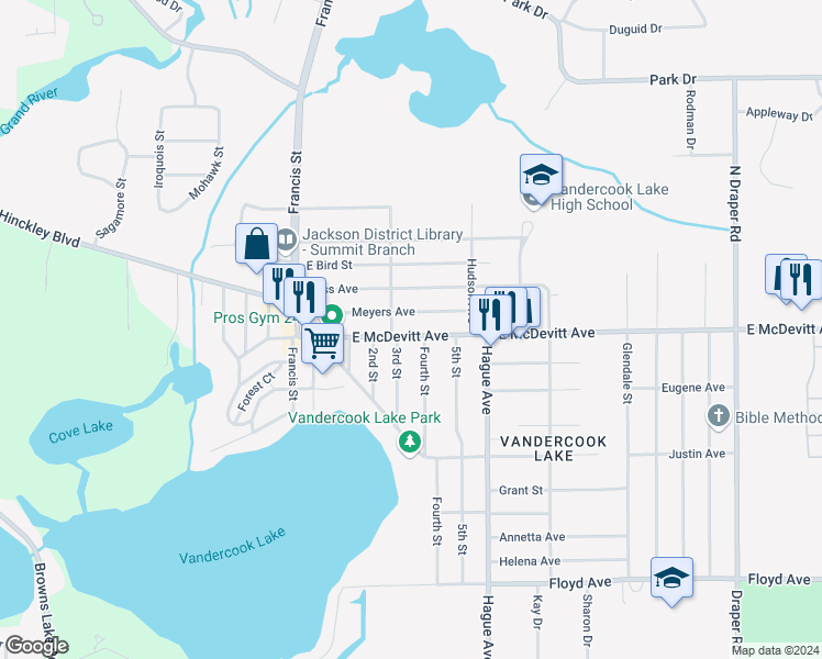map of restaurants, bars, coffee shops, grocery stores, and more near 508 East McDevitt Avenue in Jackson