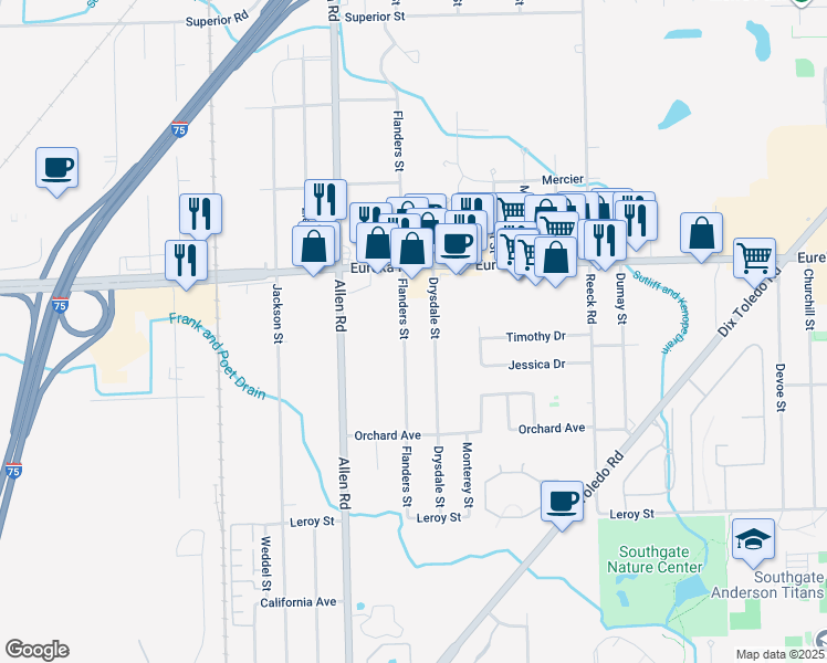 map of restaurants, bars, coffee shops, grocery stores, and more near 15205 Flanders Street in Southgate