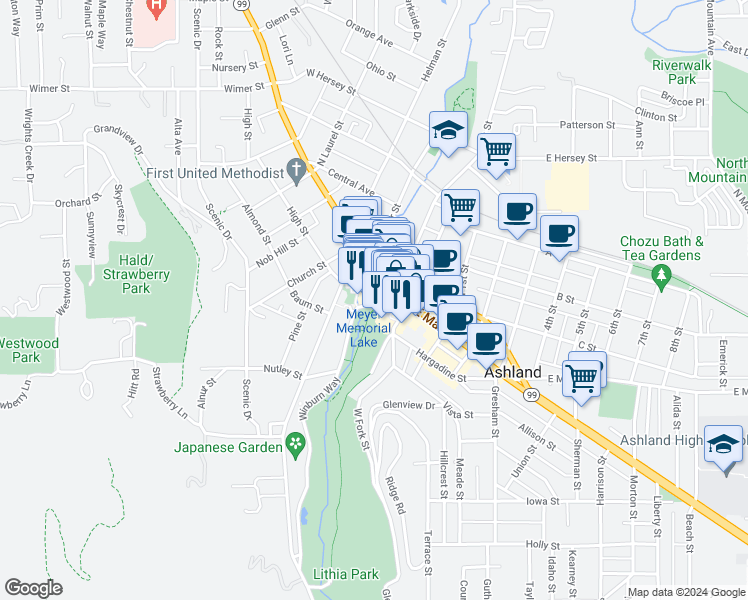 map of restaurants, bars, coffee shops, grocery stores, and more near 13 North Main Street in Ashland