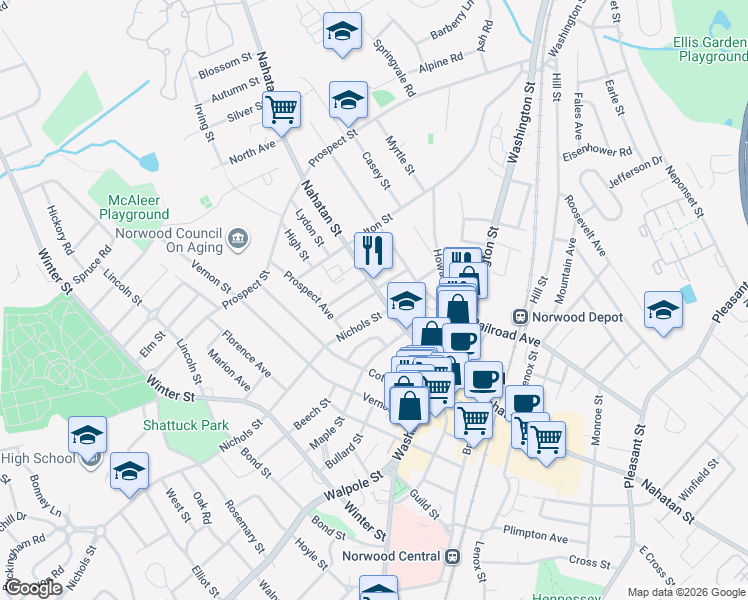 map of restaurants, bars, coffee shops, grocery stores, and more near 9-11 Nichols Street in Norwood