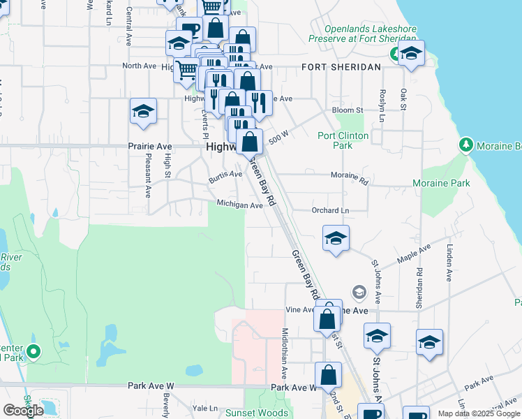 map of restaurants, bars, coffee shops, grocery stores, and more near 534 Michigan Avenue in Highland Park