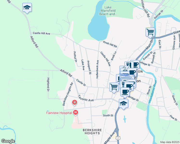 map of restaurants, bars, coffee shops, grocery stores, and more near 18 Prospect Street in Great Barrington