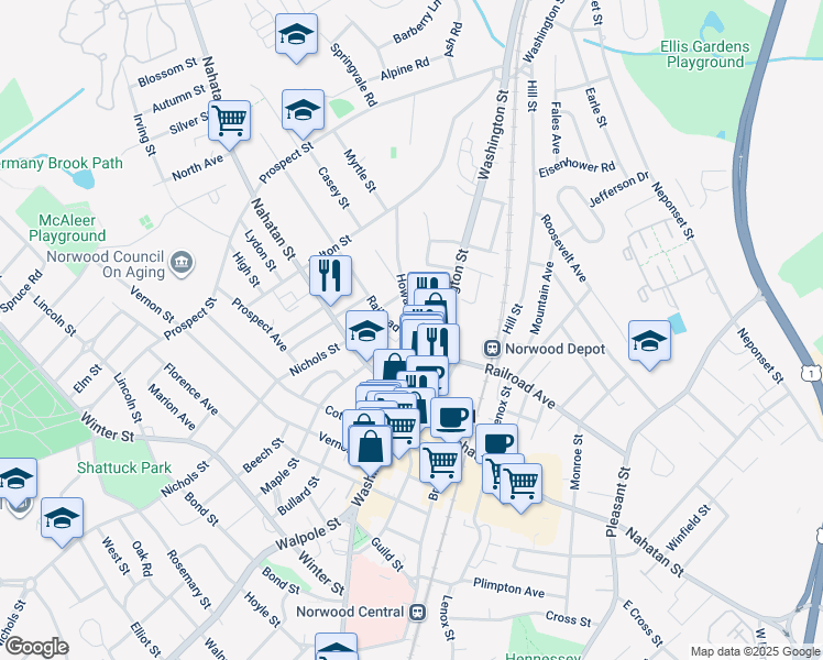 map of restaurants, bars, coffee shops, grocery stores, and more near 511 Washington Street in Norwood
