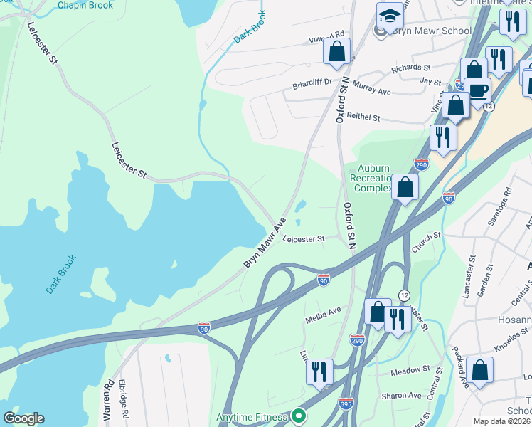 map of restaurants, bars, coffee shops, grocery stores, and more near 182 Leicester Street in Auburn