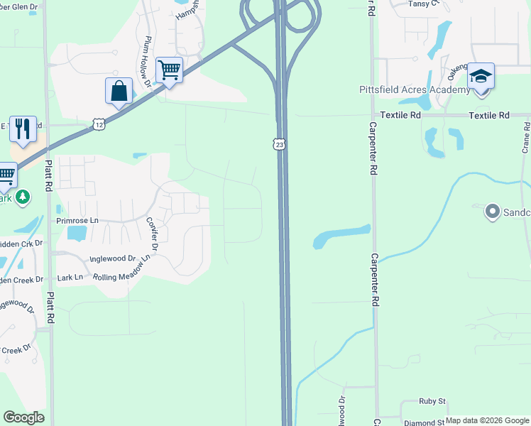 map of restaurants, bars, coffee shops, grocery stores, and more near 3488 Primrose Lane in Ypsilanti
