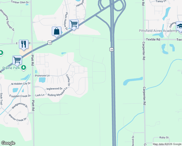 map of restaurants, bars, coffee shops, grocery stores, and more near 3488 Primrose Lane in Ypsilanti