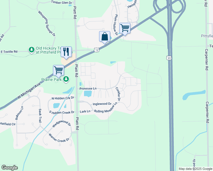 map of restaurants, bars, coffee shops, grocery stores, and more near 3256 Primrose Lane in Ypsilanti