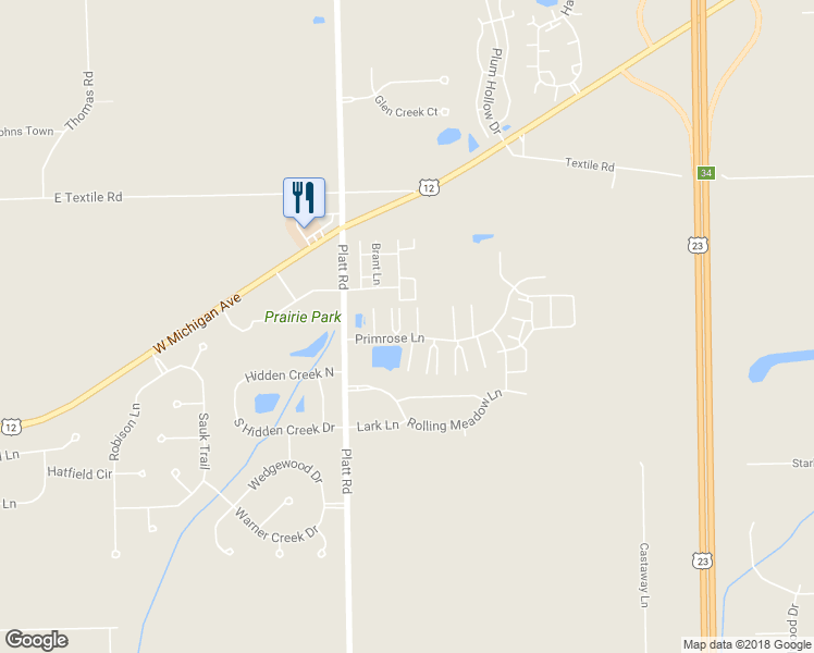 map of restaurants, bars, coffee shops, grocery stores, and more near 3099 Primrose Lane in Ypsilanti