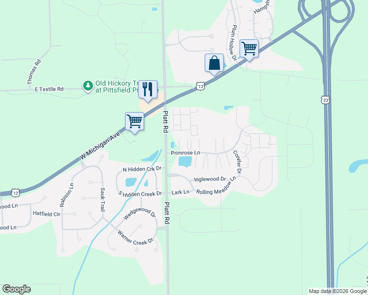 map of restaurants, bars, coffee shops, grocery stores, and more near 3099 Primrose Lane in Ypsilanti