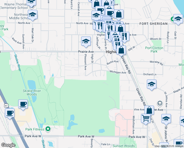 map of restaurants, bars, coffee shops, grocery stores, and more near 153 Michigan Avenue in Highwood