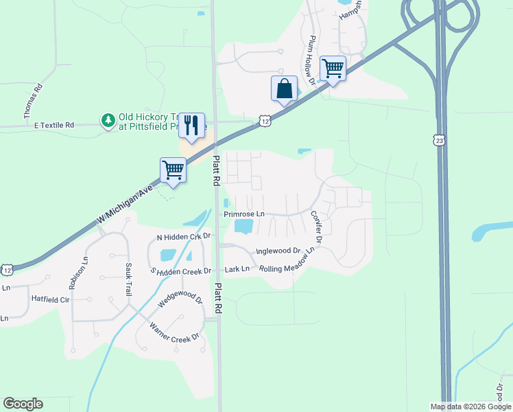 map of restaurants, bars, coffee shops, grocery stores, and more near 3099 Primrose Lane in Ypsilanti
