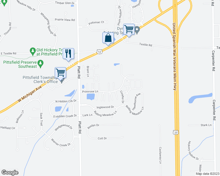 map of restaurants, bars, coffee shops, grocery stores, and more near 3209 Primrose Lane in Ypsilanti