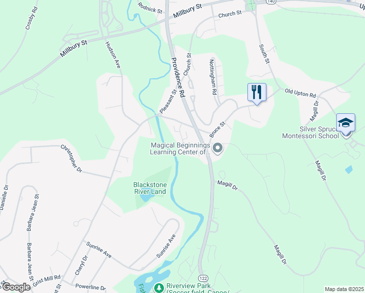 map of restaurants, bars, coffee shops, grocery stores, and more near 13 Pullard Road in Grafton