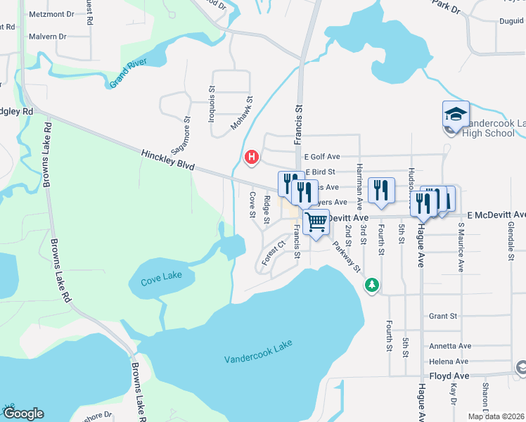 map of restaurants, bars, coffee shops, grocery stores, and more near 108 Ridge Street in Jackson