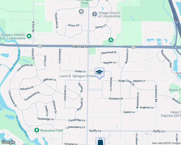 map of restaurants, bars, coffee shops, grocery stores, and more near 1 Cornell Drive in Lincolnshire