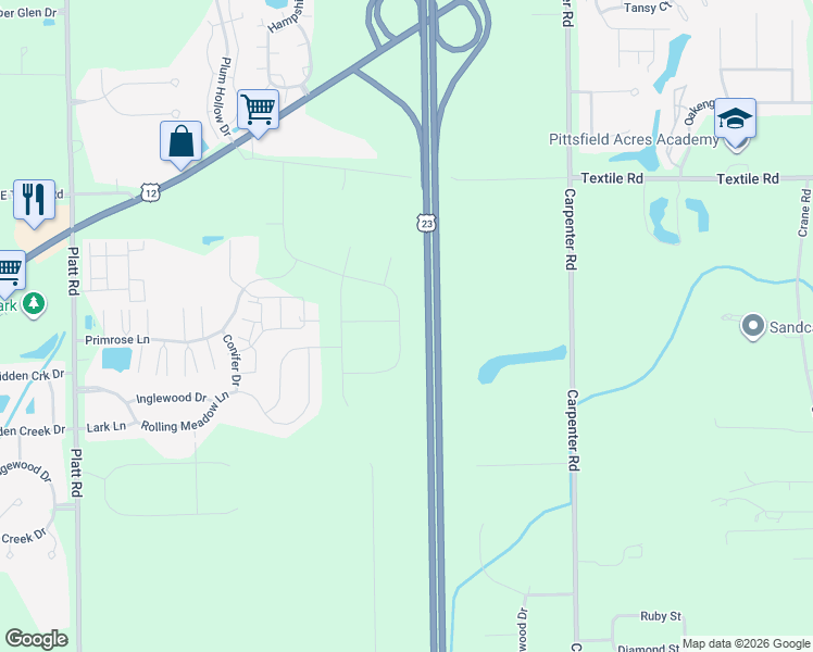 map of restaurants, bars, coffee shops, grocery stores, and more near 3488 Primrose Lane in Ypsilanti