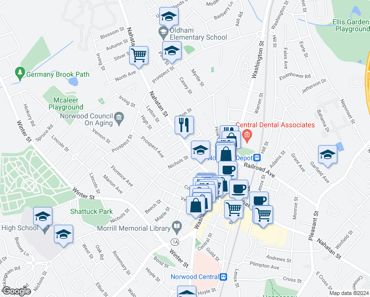 map of restaurants, bars, coffee shops, grocery stores, and more near 290 Nahatan Street in Norwood