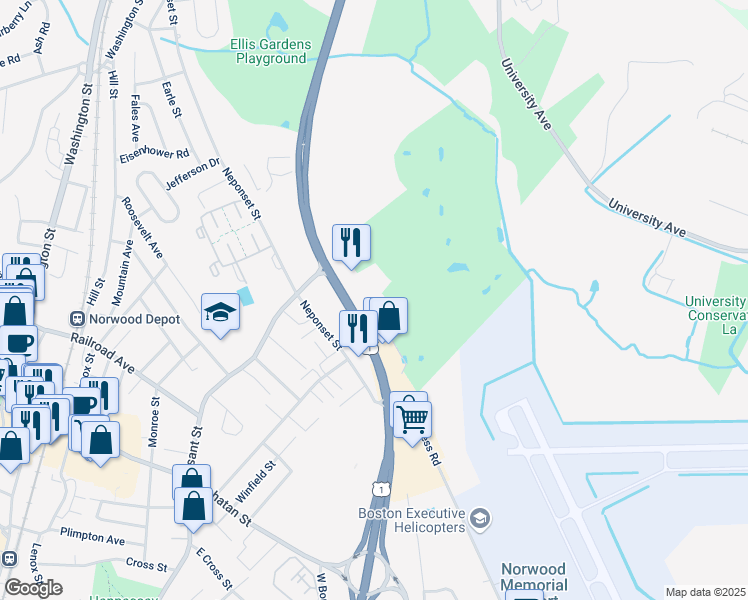 map of restaurants, bars, coffee shops, grocery stores, and more near 434 Providence Highway in Norwood