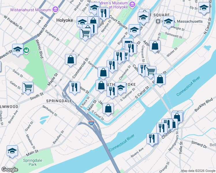 map of restaurants, bars, coffee shops, grocery stores, and more near 514 Main Street in Holyoke