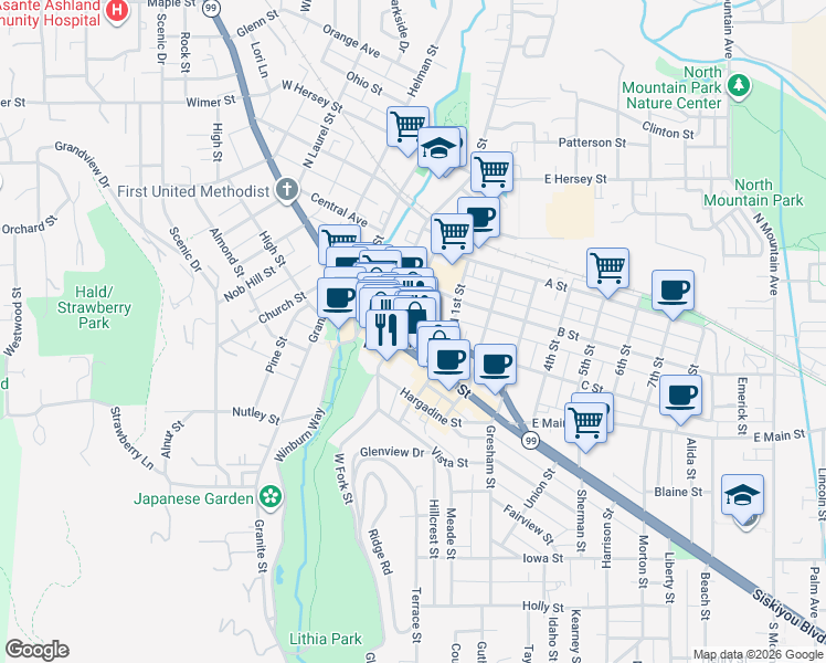 map of restaurants, bars, coffee shops, grocery stores, and more near in Ashland