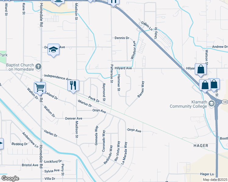 map of restaurants, bars, coffee shops, grocery stores, and more near 3302 Patterson Street in Klamath Falls