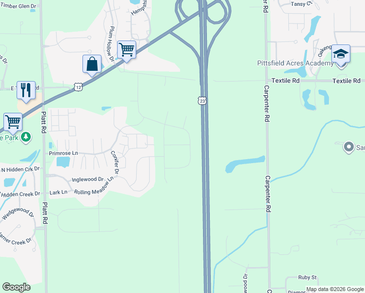 map of restaurants, bars, coffee shops, grocery stores, and more near 3488 Primrose Lane in Ypsilanti